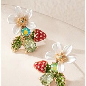 Strawberry Flower Stud Earrings Women Red Green Whimsical New‎